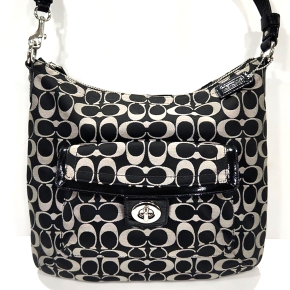 Coach Handbags - Coach F19232 Signature C's Sateen Jacquard Black Khaki Shoulder Bag Purse EUC!